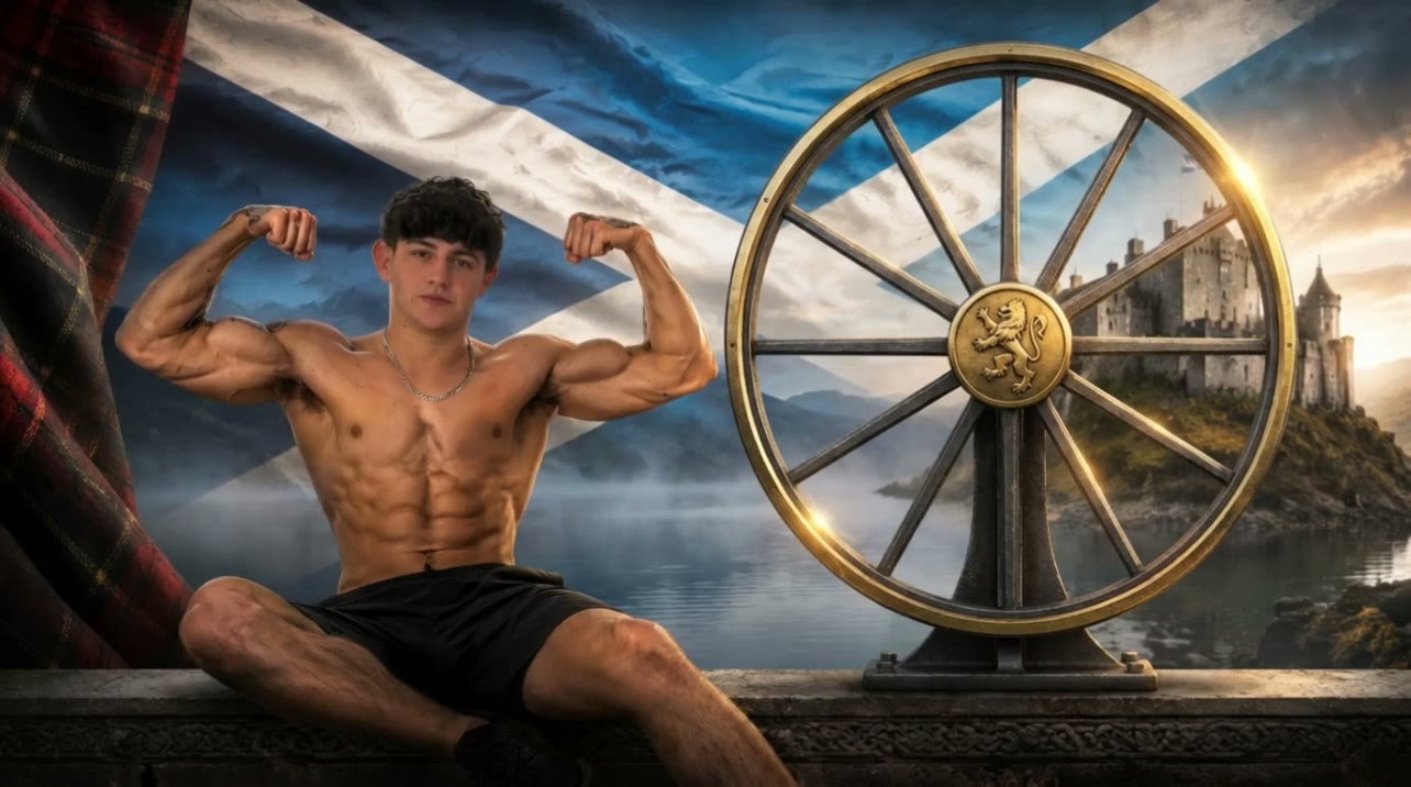 Master Dylan seated beside his massive golden wheel